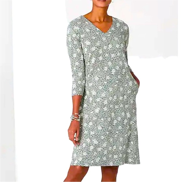 NWT J. Jill Wearever‎ Double V-Neck Back Pleat Sage Floral Dress 3/4 Sleeve XL - Picture 1 of 14
